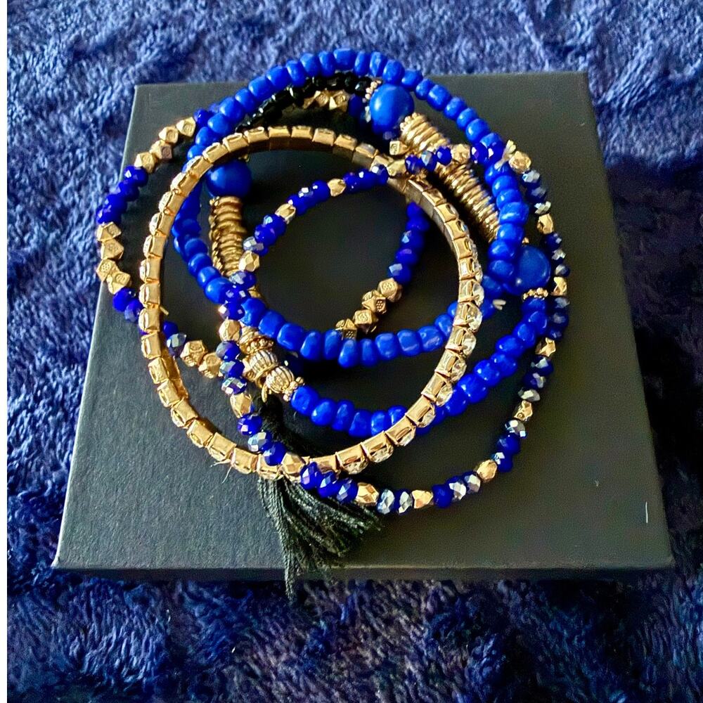 Boho Cobalt Blue Gold Beaded 5 Piece Stackable Stretch Bracelet Set